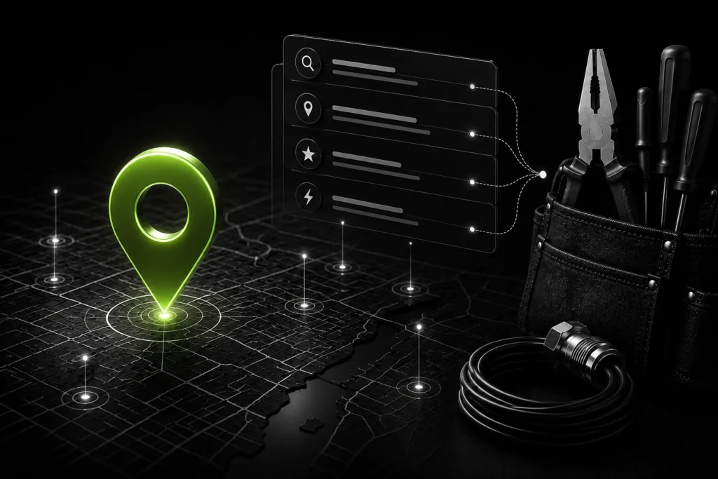 Futuristic monochrome map interface with a glowing green location pin, electrician tools, and sleek SEO-inspired UI elements on a dark high-tech background.