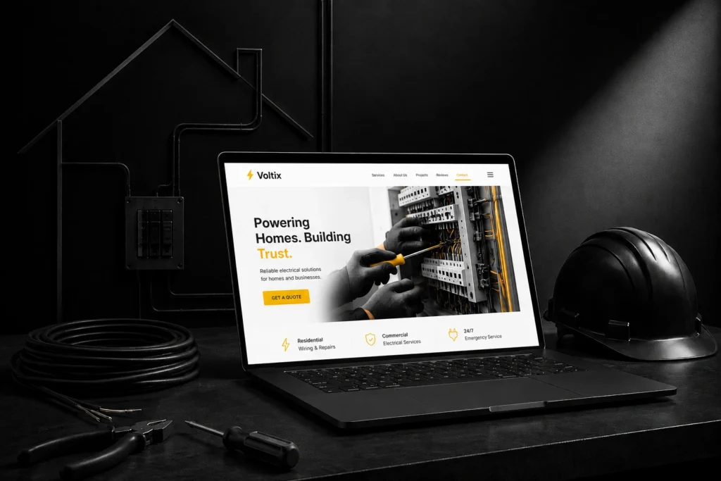 A laptop displaying a modern electrician website design on a dark desk, surrounded by a hard hat, coiled wire, and hand tools.
