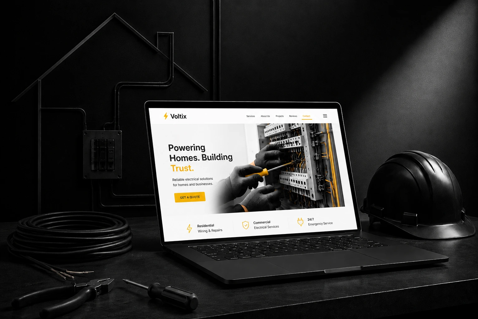 A laptop displaying a modern electrician website design on a dark desk, surrounded by a hard hat, coiled wire, and hand tools.
