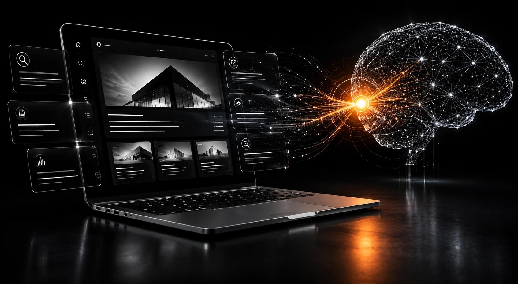 Futuristic monochrome laptop interface connected to an AI neural network, with a single glowing orange focal point symbolizing generative AI search and intelligent data flow.